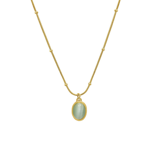 Luxurious 18k Gold Plated Chain Necklace with Cat's Eye Stone Pendant for Women
