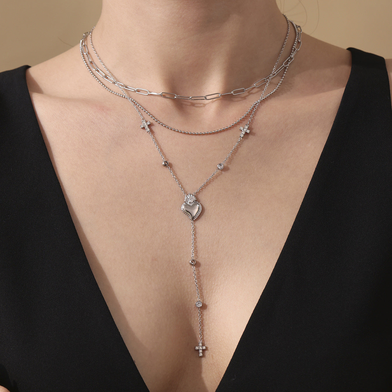 Planderful Zircon Cross Necklace Multi Layer Fringed Women