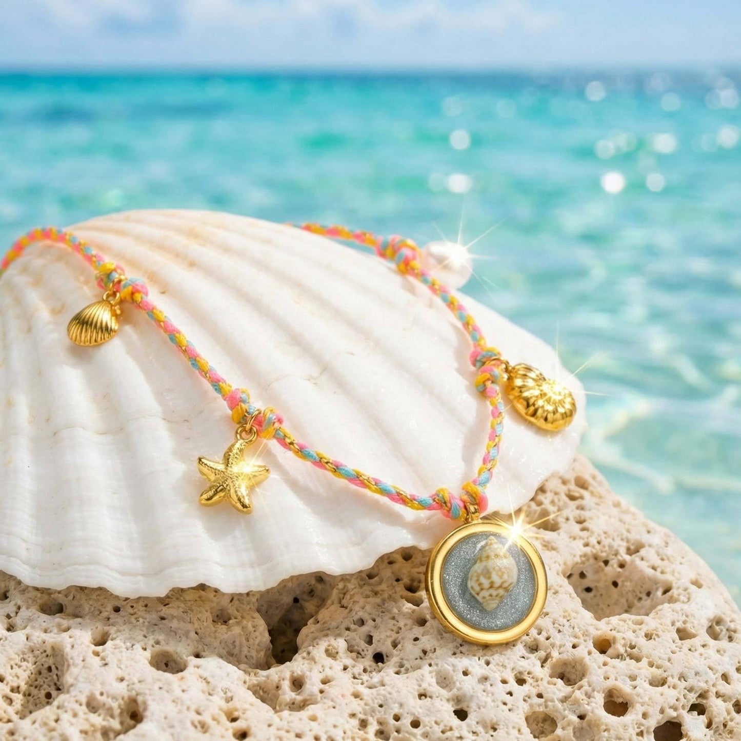 Colorful & Fun Color Braided Rope Stainless Steel Resin Ocean Shell Conch Necklace