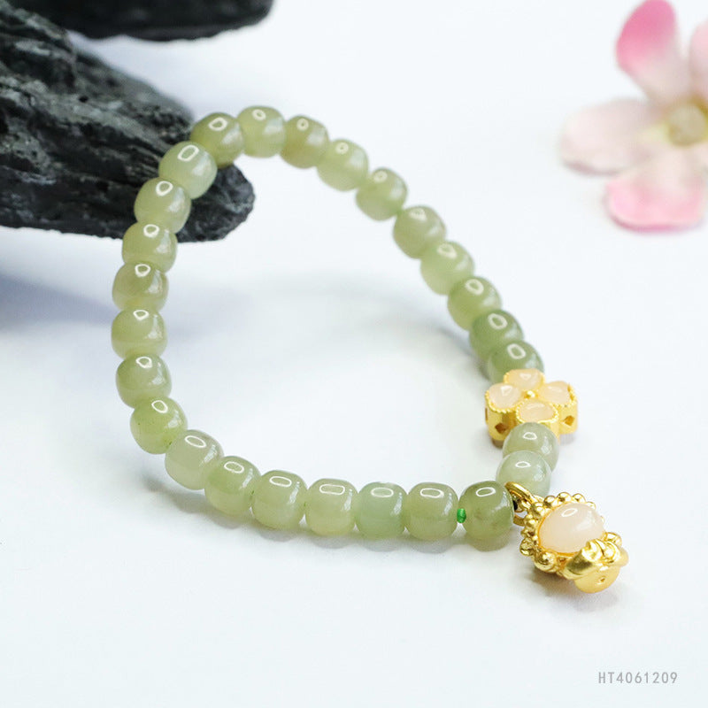 Qingshui Hetian Jade Flower & Buddha Charm Bracelet