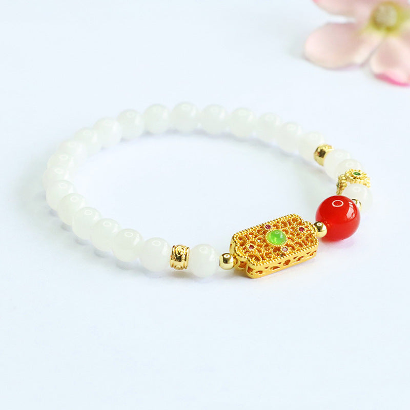 White Hetian Jade & Red Agate Beaded Bracelet