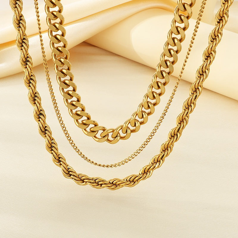 Hipster Stainless Steel Plain Chain Hip Hop Simple Multilayer Stacked Strap Cuban Chain Necklace