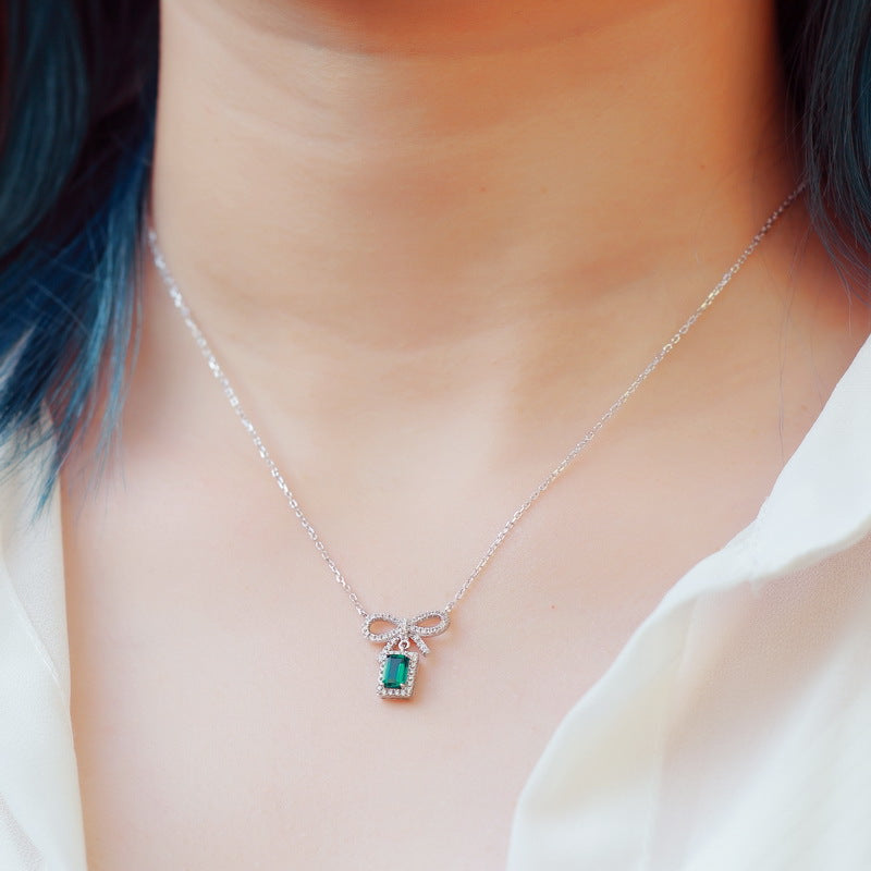 S925 Sterling Silver Lab-Grown Emerald Bow Pendant Necklace