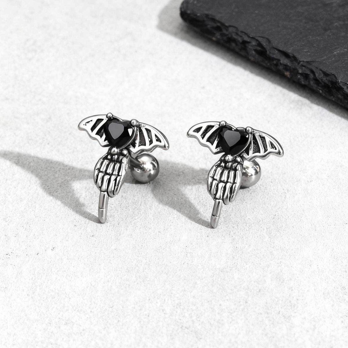 Silver-Tone Black Heart Bat Skeleton Earring — Single
