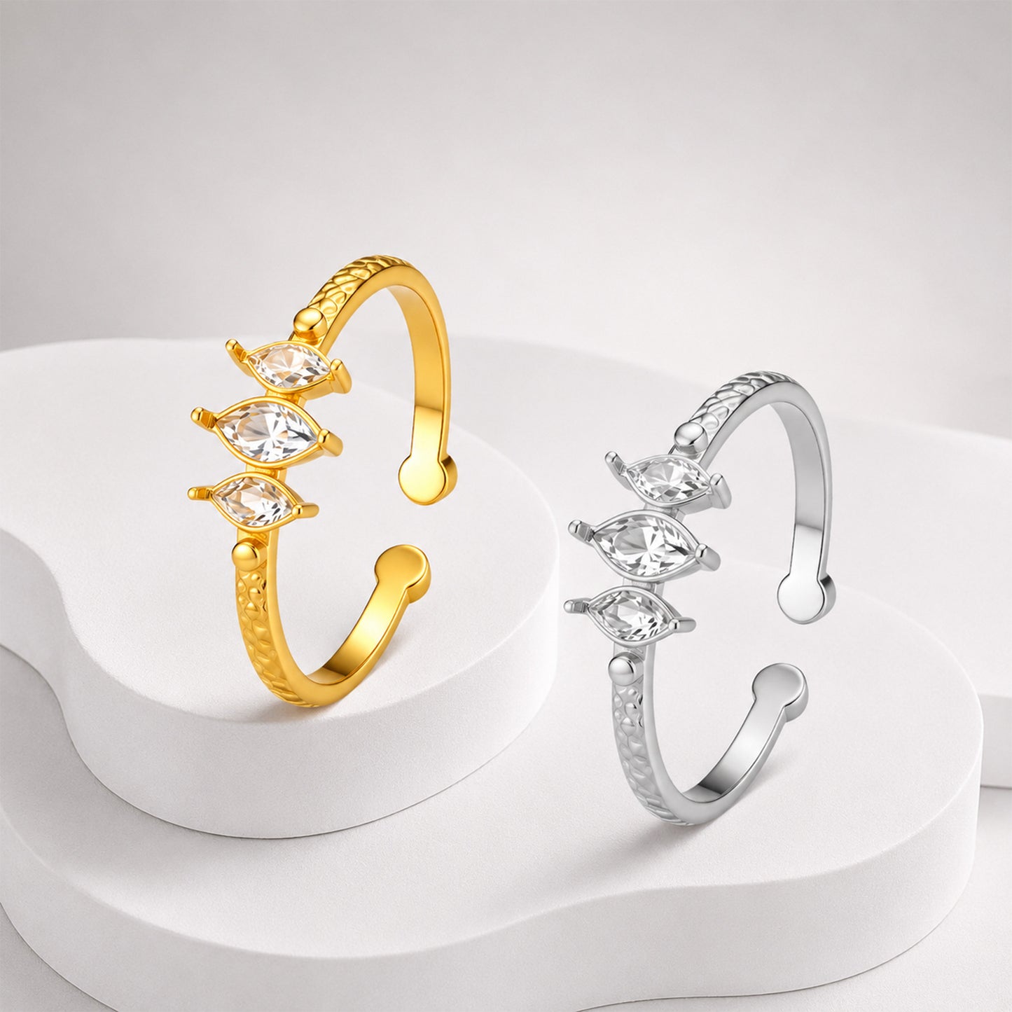 Planderful Everyday Genie Stainless Steel Adjustable Ring With Hammer Texture Three Zircon Unisex Personalized Jewelry