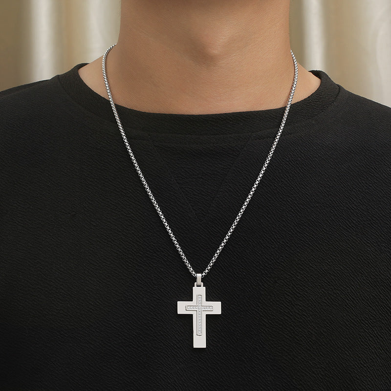Popular, Cnc Zircon Double-Layer Cross Square Pearl Men's Stainless Steel Necklace
