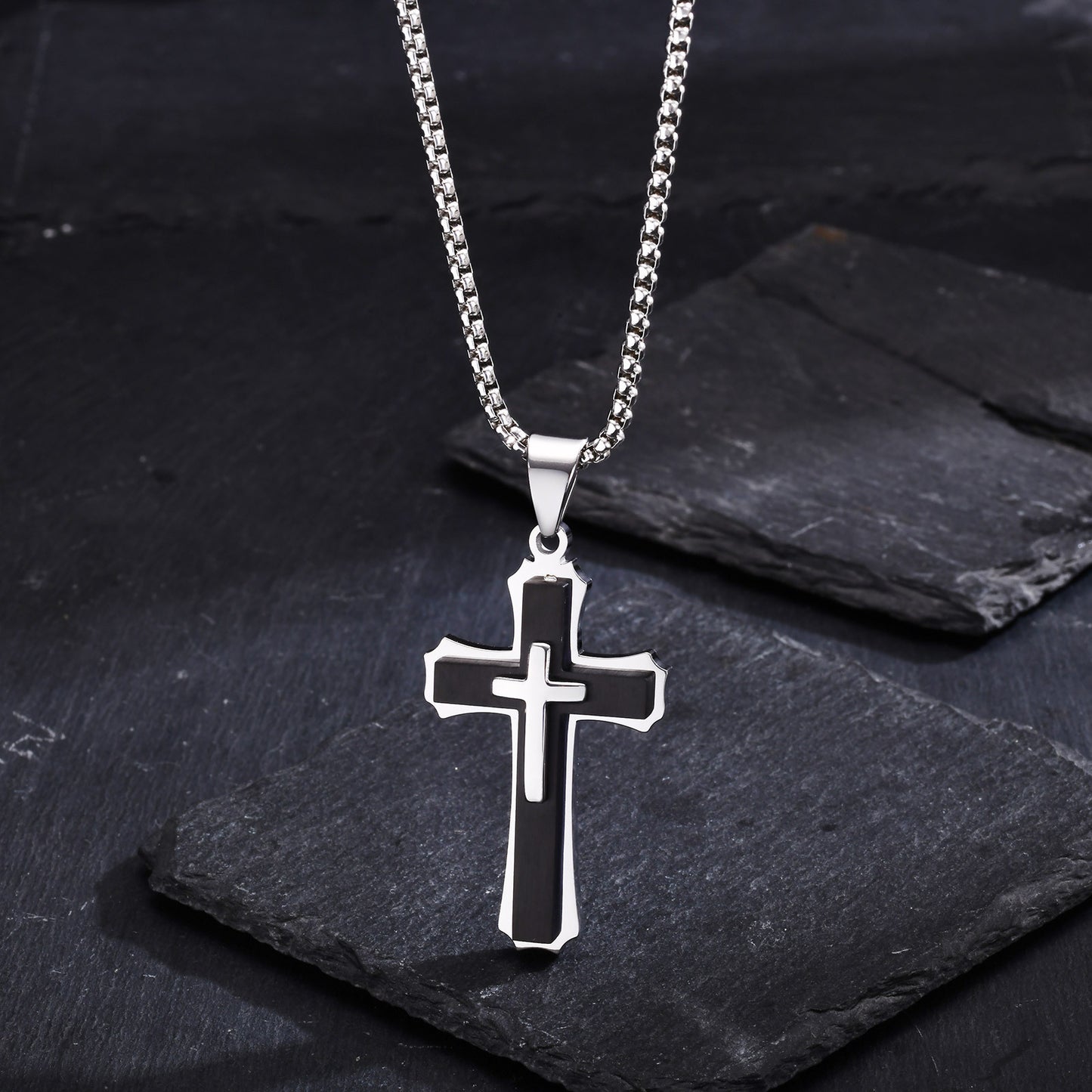 Jewelry European And American Accessories Stainless Steel Three Layer Cross Pendant Necklace For Men