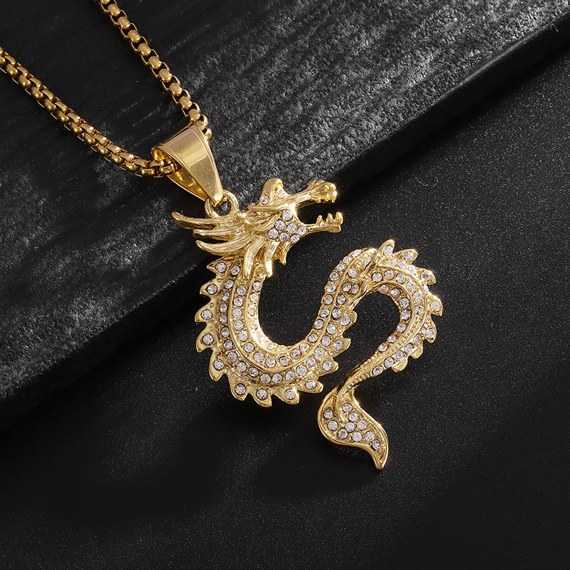 Dragon Zodiac Pendant Necklace Titanium Steel Gold Plated Zircon by Planderful Everyday Genie for Hip Hop Fans