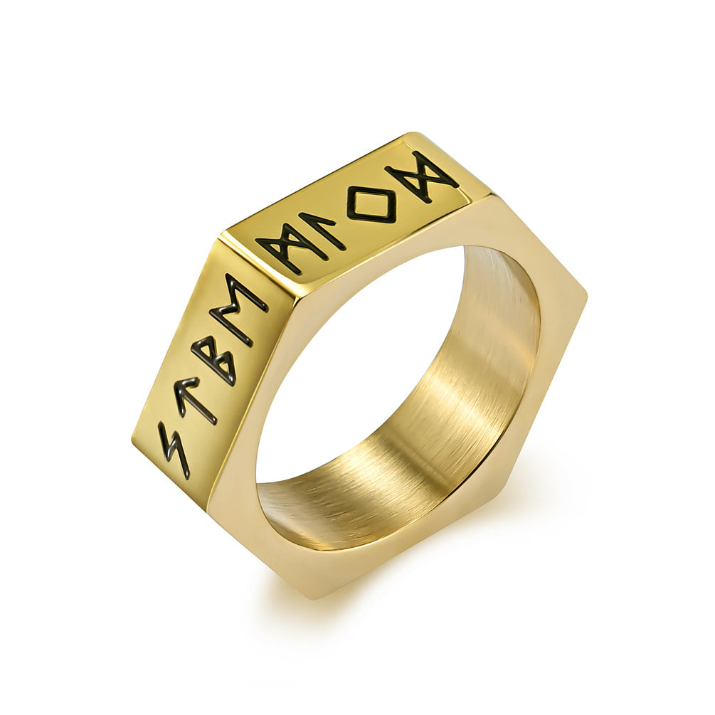 Planderful Everyday Genie Stainless Steel Ring With Hexagonal Niche And Pirate Viking Text For Hipster Vibe