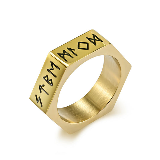 Planderful Everyday Genie Stainless Steel Ring With Hexagonal Niche And Pirate Viking Text For Hipster Vibe