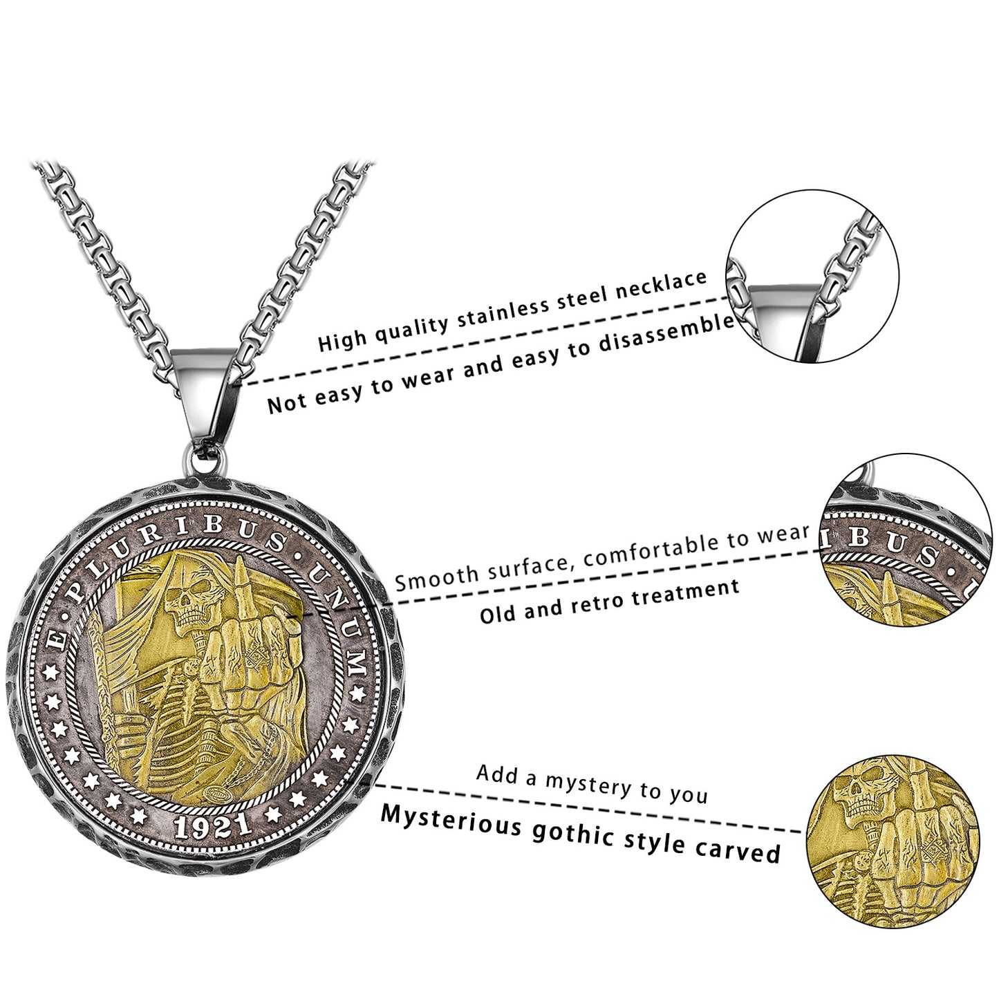 Stainless Steel Necklace - Statement Skull Disc Pendant With Mahjong Coin Charm Limited Edition
