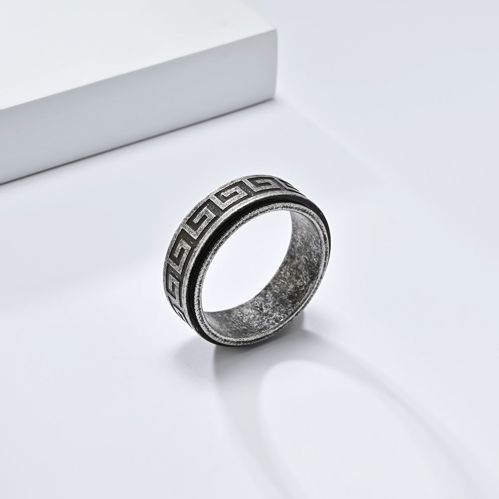 Planderful Rotatable Decompression Ring For Men With Retro Great Wall Pattern In Titanium Steel