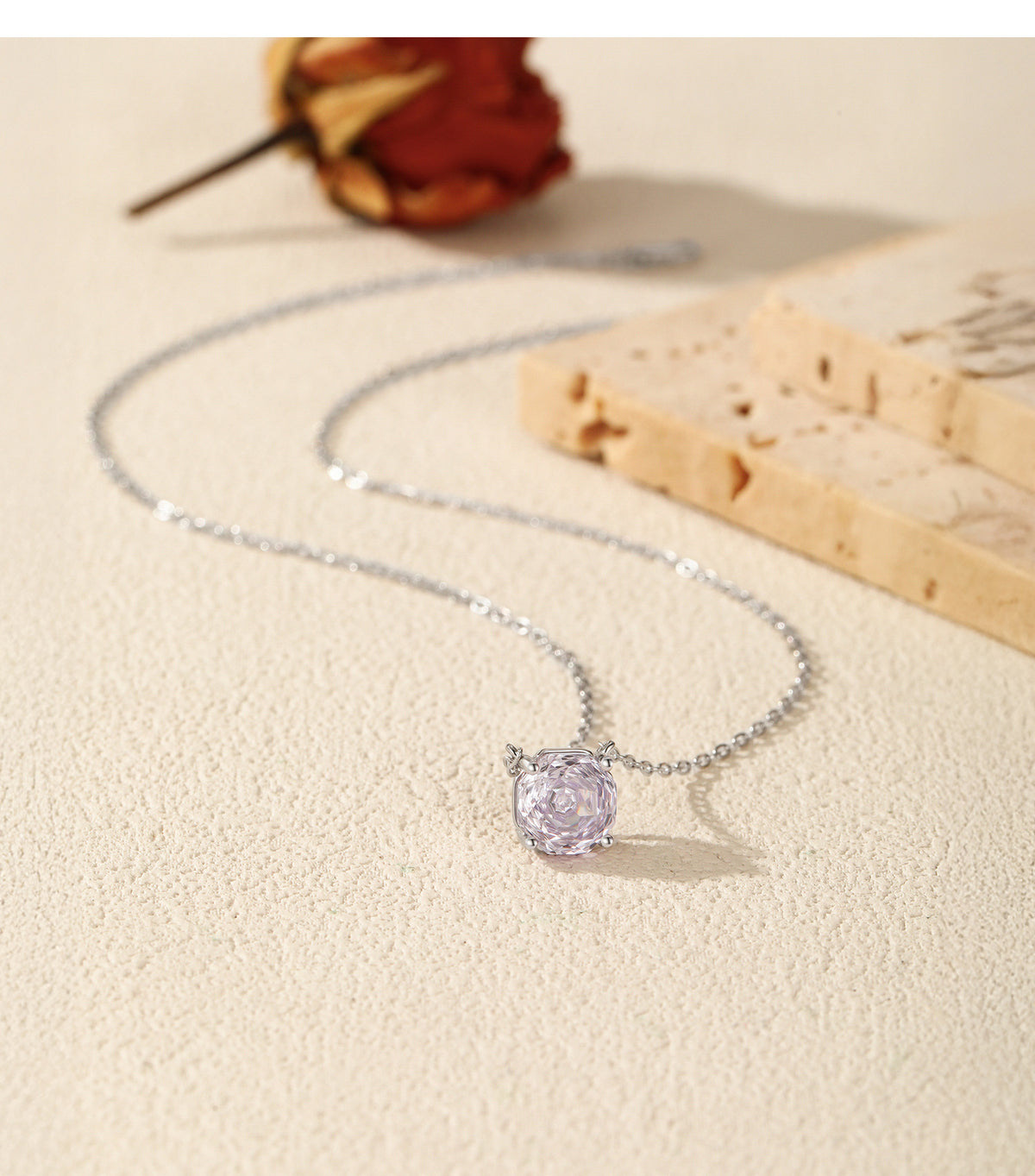 925 Sterling Silver Lavender Rose-Cut Zircon Pendant Necklace