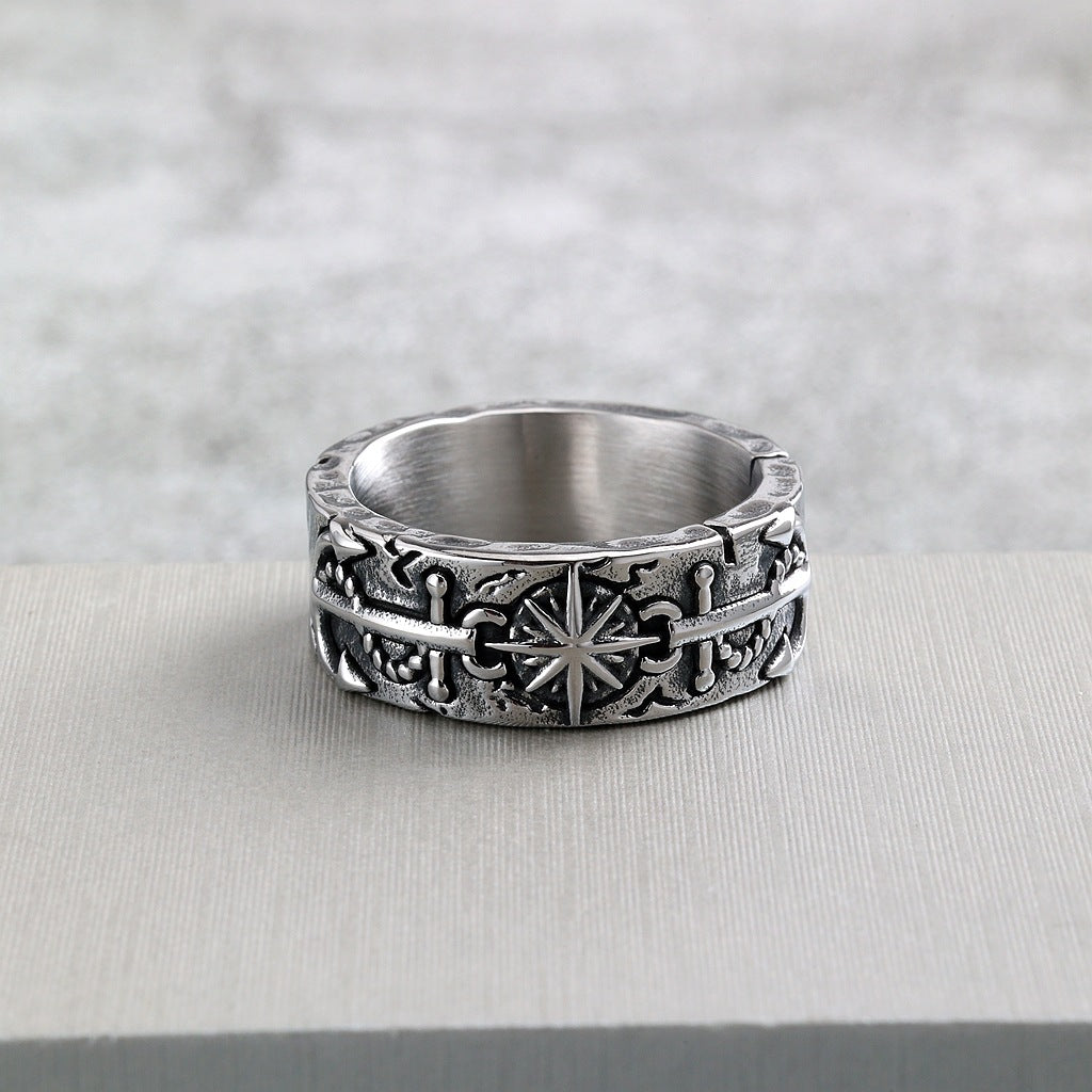 Vintage Anchor Sun Stainless Steel Men's Ring