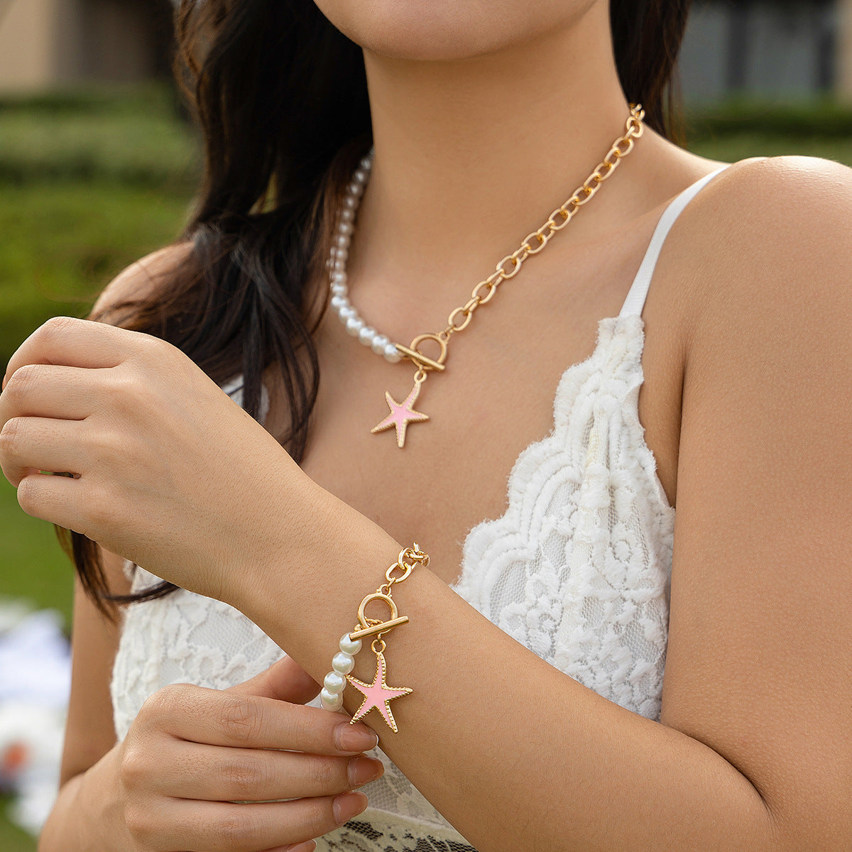 Coastal Star & Pearl-Style Asymmetrical Necklace