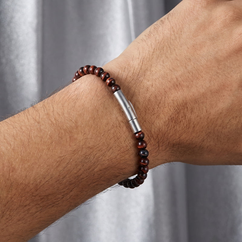 Beaded Bracelet Tiger's Eye Stone Black Agate Stainless Steel Snap Button Unisex Bracelet.