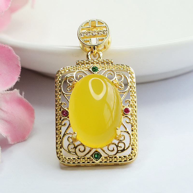 Natural Oval Red Agate Chalcedony Vintage Golden Auspicious Cloud Rectangle Pendant