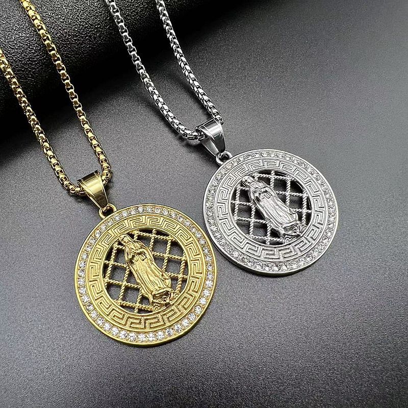 Rhinestone Necklace – Vintage Virgin Mary Hip Hop Pendant In Steel Gold Plating Finish