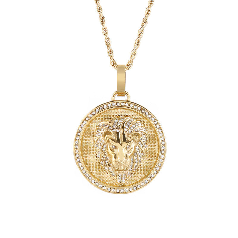Rock Hip Hop Round Pendant, Retro Electroplated 18k Gold Slightly Inlaid Zircon Lion Necklace