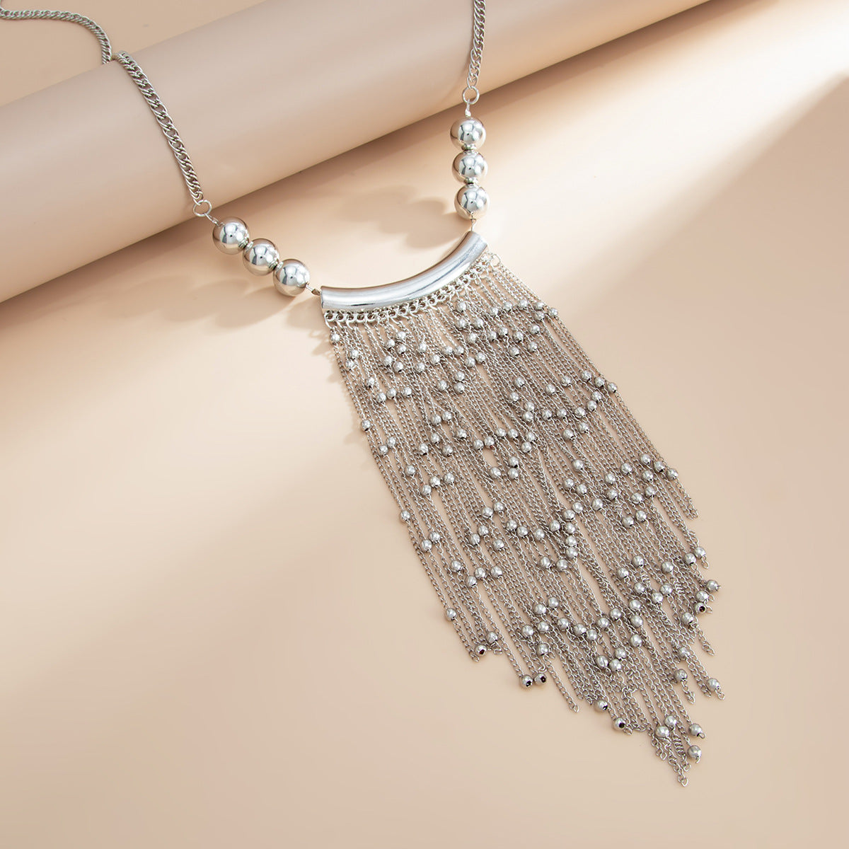 Round Bead Waterfall Fringe Necklace
