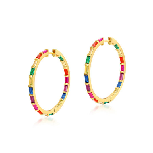 Rectangle Rainbow Zircon Silver Hoop Earrings