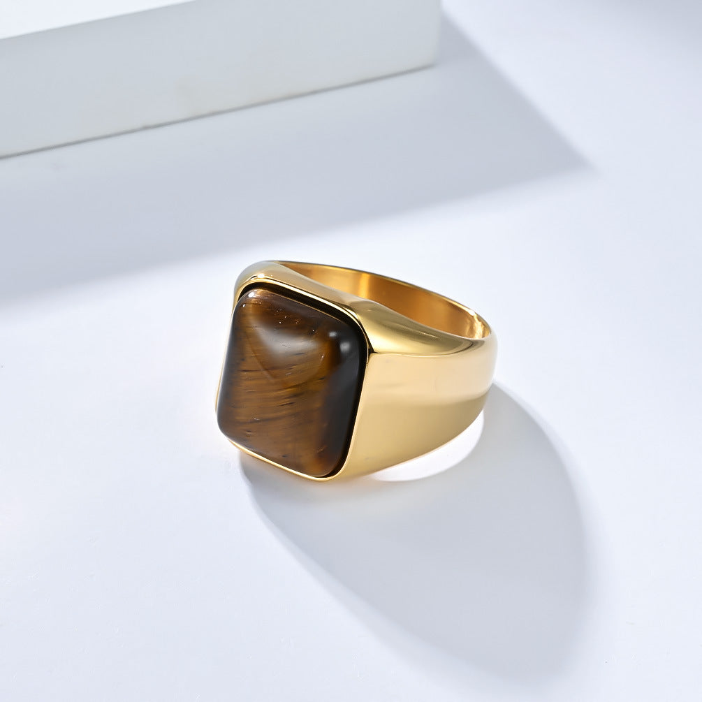 Planderful Men Tiger Eye Ring Natural Square Stone Stainless Steel Premium High End Jewelry