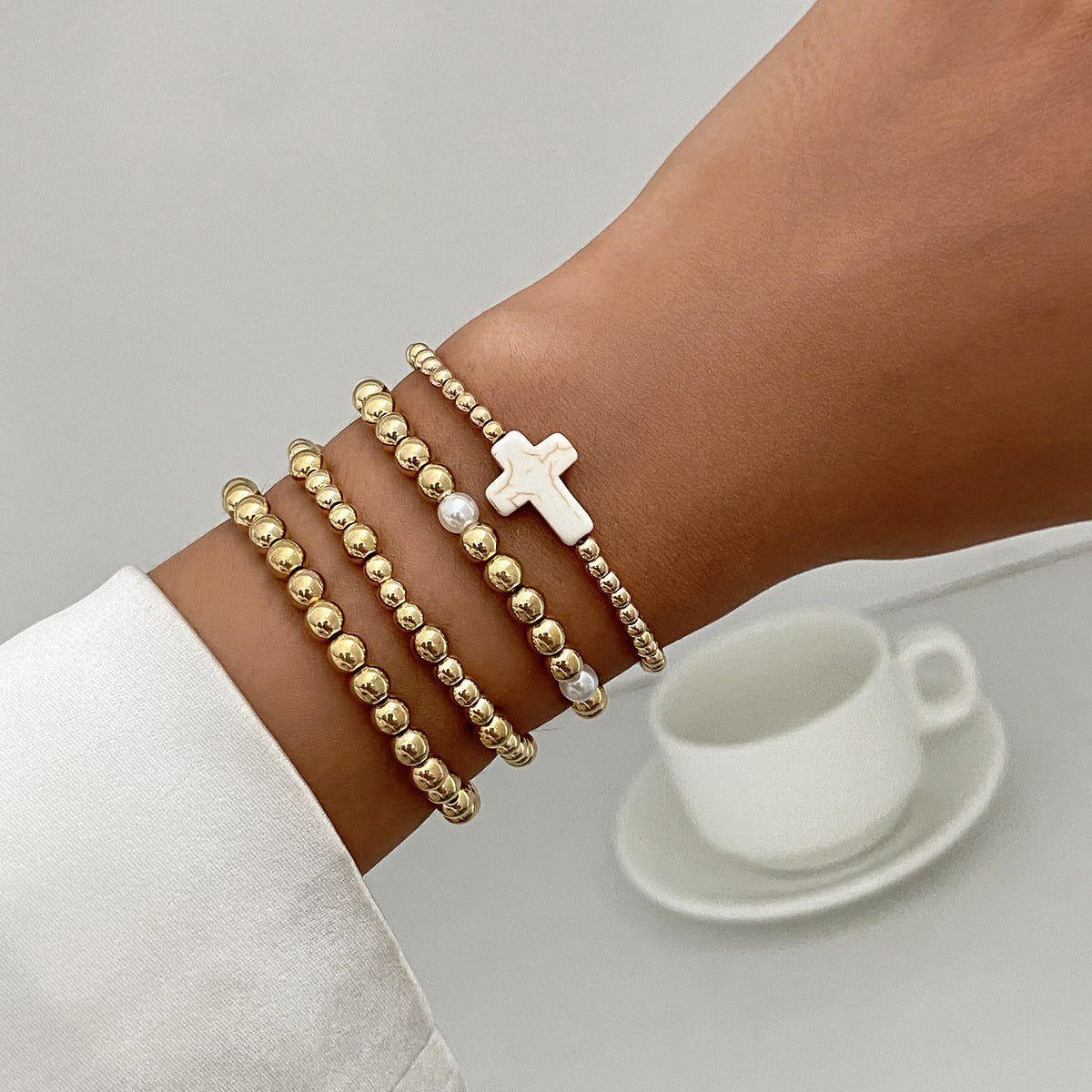 Planderful Vienna Verve Cross Beaded Elastic Bracelet Set For Women Retro Versatile Statement Jewelry