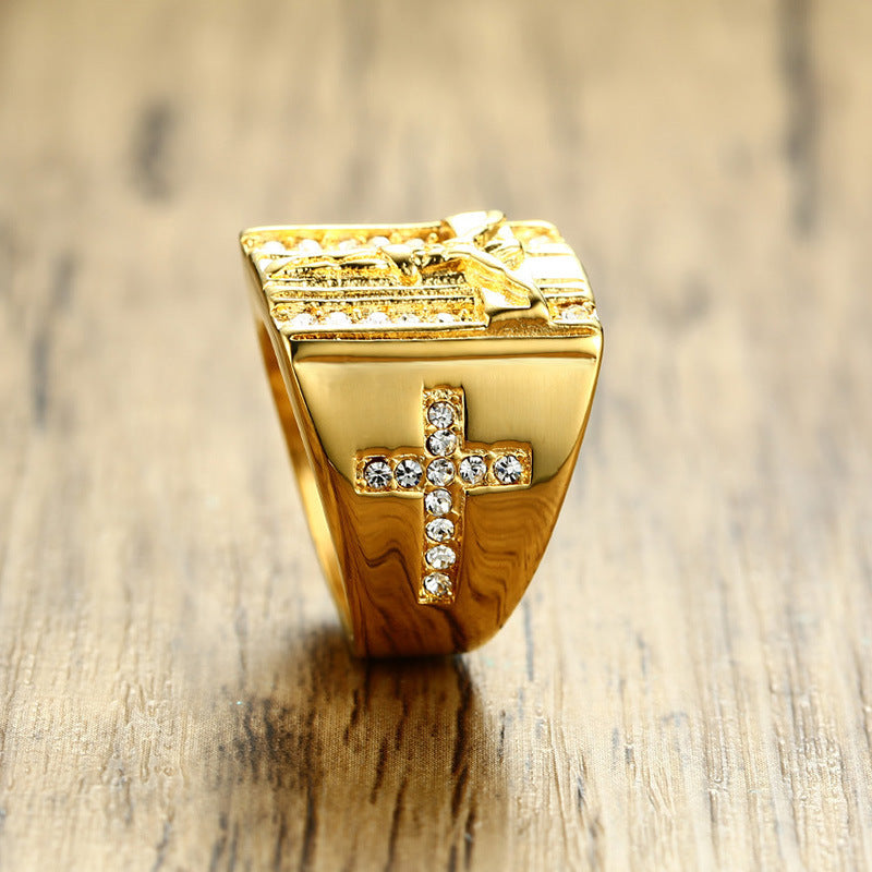 Men Rings Ring Titanium Steel Rhinestone Cross Gold Ring