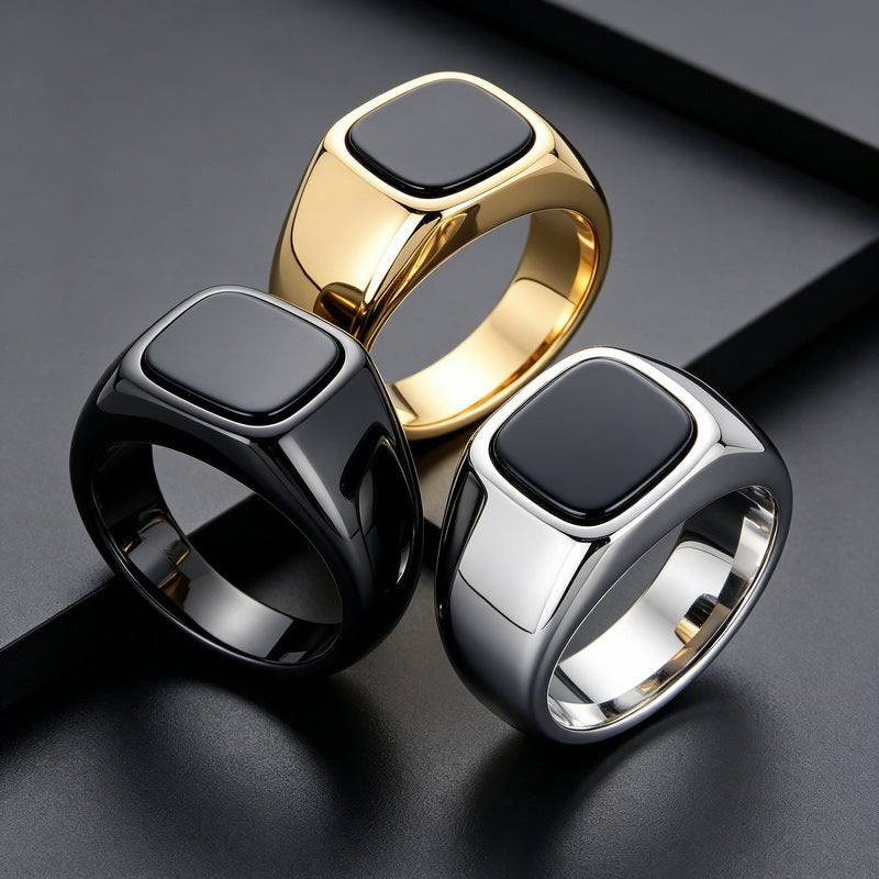Cold Smooth Stainless Steel Ring, Square Black Stone Titanium Steel Men's