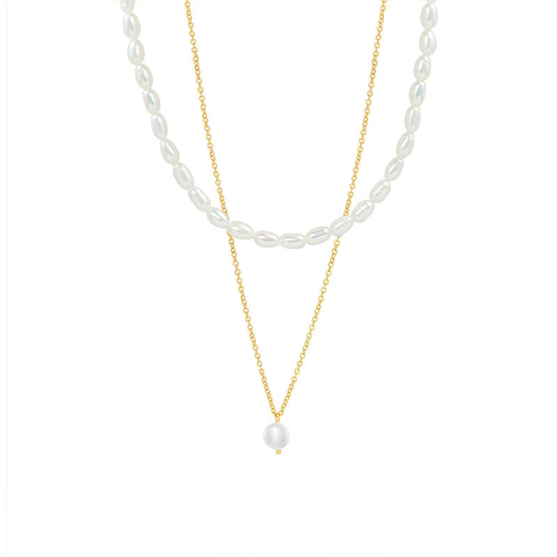Elegant Titanium Clavicle Chain Necklace with Freshwater Pearls