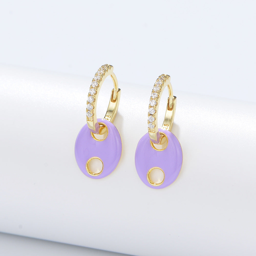 925 Sterling Silver Wind Color Drip Pig Nose Earrings Zircon Earrings Oval Drop