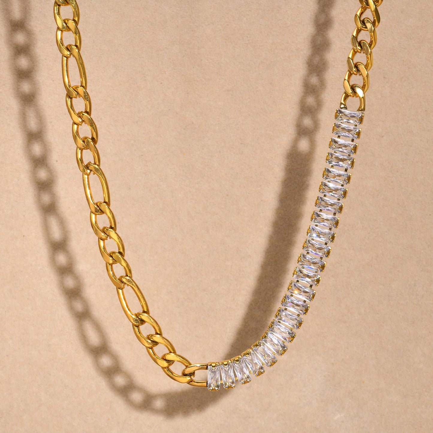 Stainless Steel Rectangle White Zircon Cuban Chain Necklace Gold
