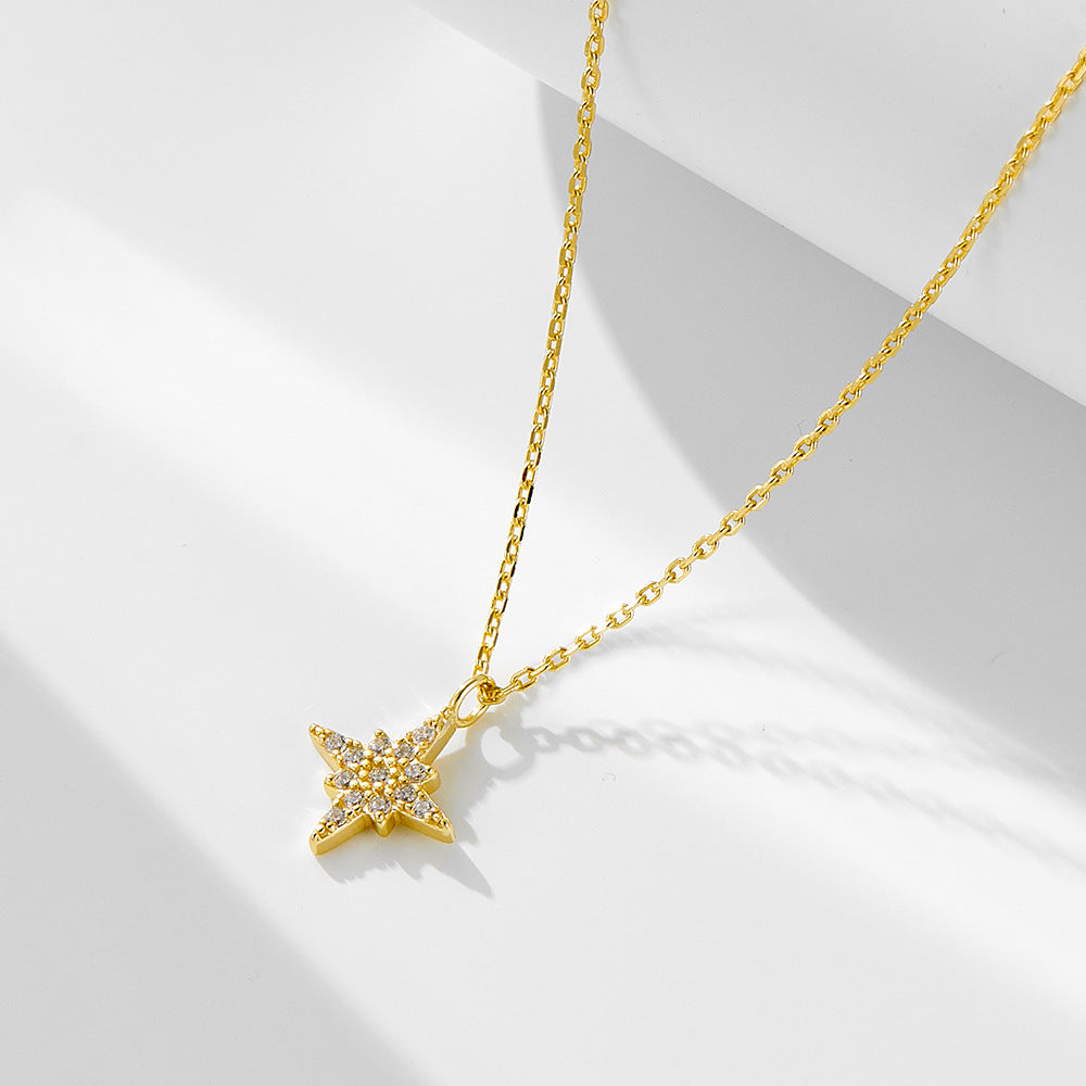 Full Zircon Octagram Sterling Silver Necklace Clavicle Chain Pendant