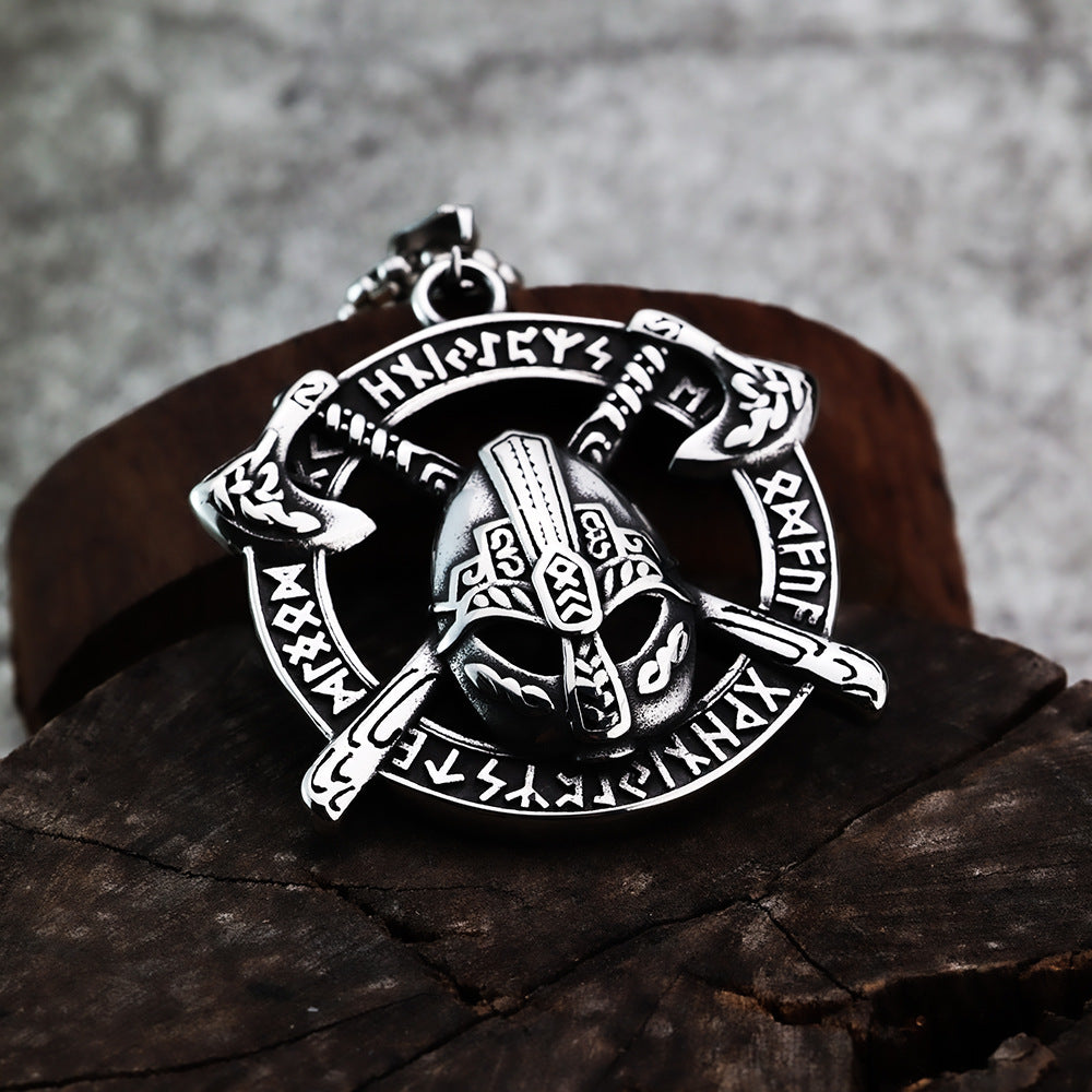 Nordic Viking Rune Double Axe Helmet Stainless Steel Pendant Necklace