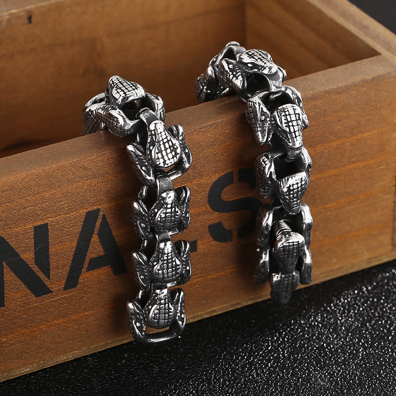 Animal Punk Style – Old Titanium Steel Men's Layered Snakehead Bracelet