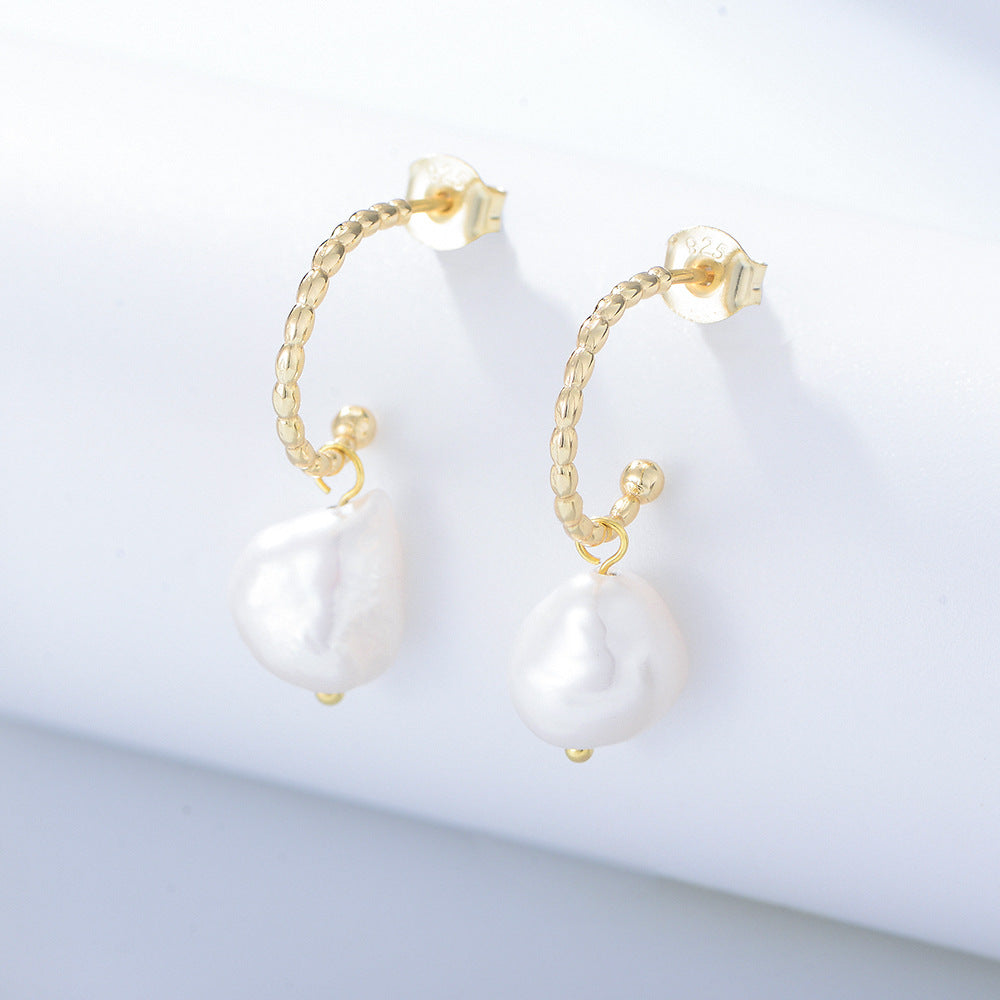 Baroque Natural Freshwater Pearl Earrings 'S S925 Silver C-Shaped Stud Earrings