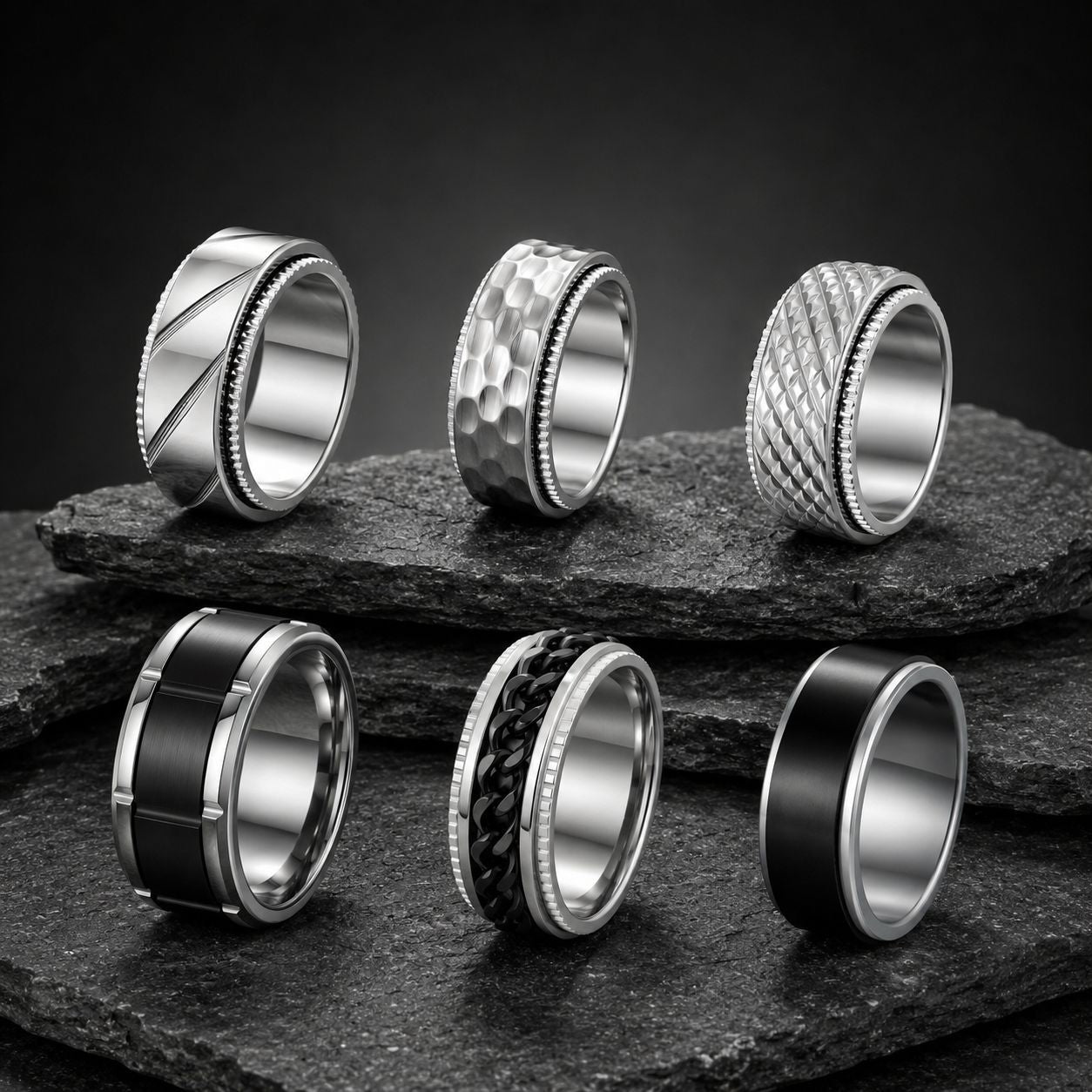 Stainless Steel Ring Rotatable Zircon Edge Embossed Contrast Planderful Everyday Genie for Men Unisex