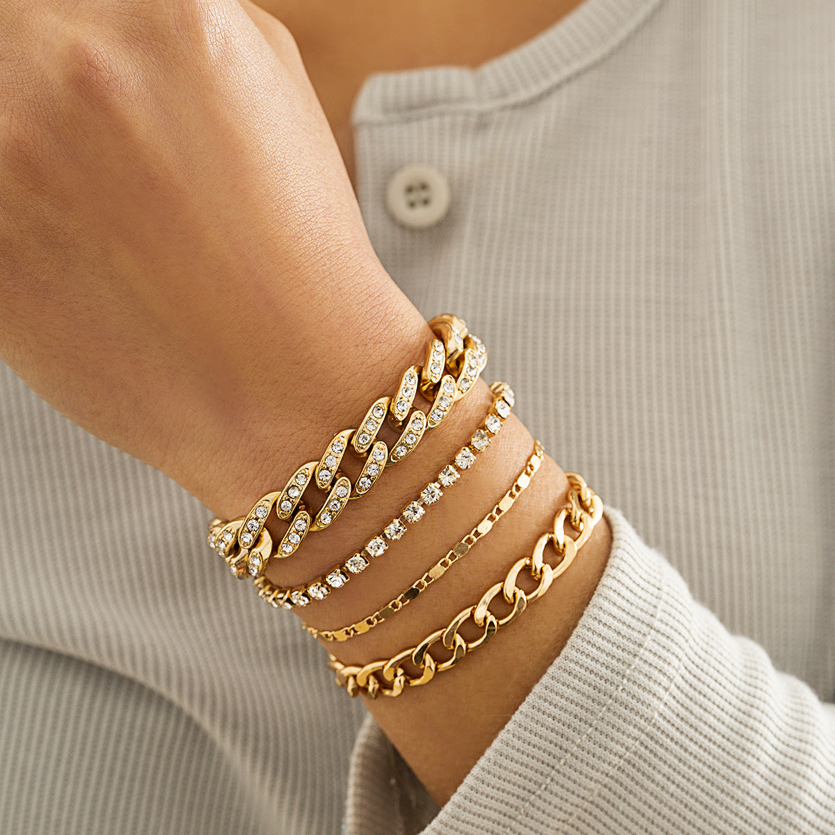 Planderful Vienna Verve Cuban Link Bracelet Set For Women Dark Zircon Punk Stacked Chains Statement