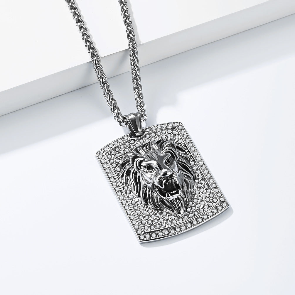 Planderful Everyday Genie Hip Hop Zircon Lion Head Pendant Titanium Steel Unisex Necklace For Bold Protection