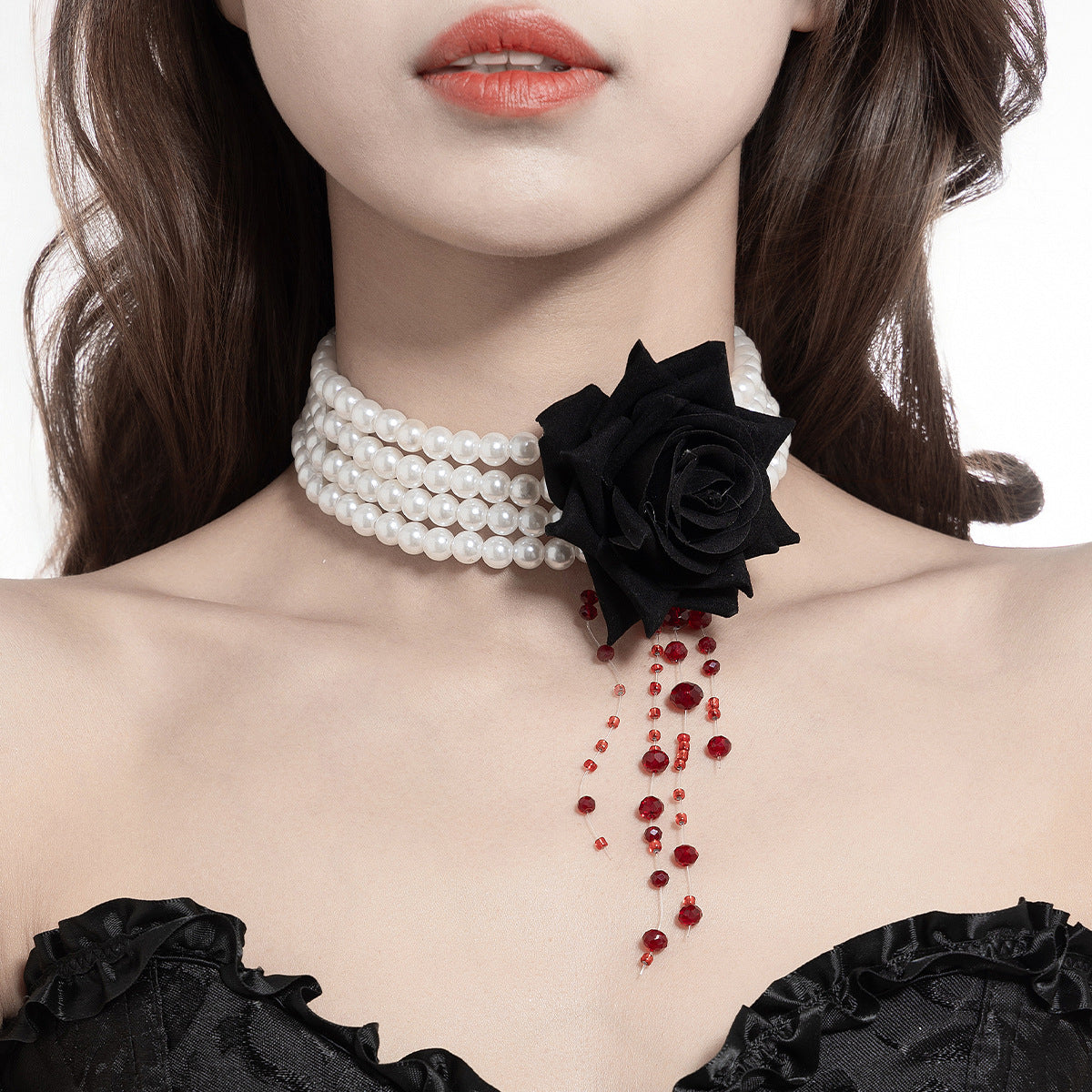 Gothic Pearl Rose Fringe Necklace