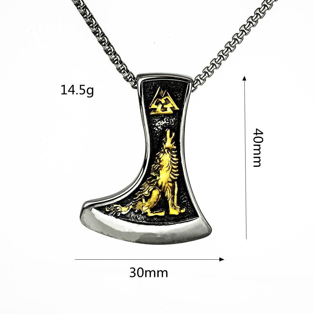 Planderful Viking Pendant For Men Bold Stainless Steel Norse Axe Wolf Raven Double Sided Necklace