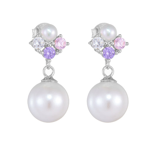 Round Pearl Pendant Colourful Round Zircon Sterling Silver Drop Earrings