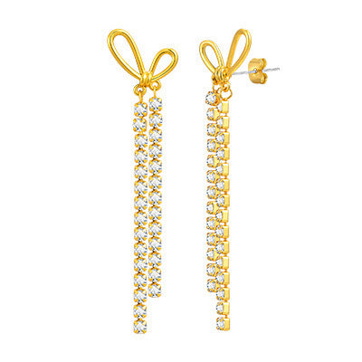 Copper Material Long Love Zircon Bow Fringed Earrings