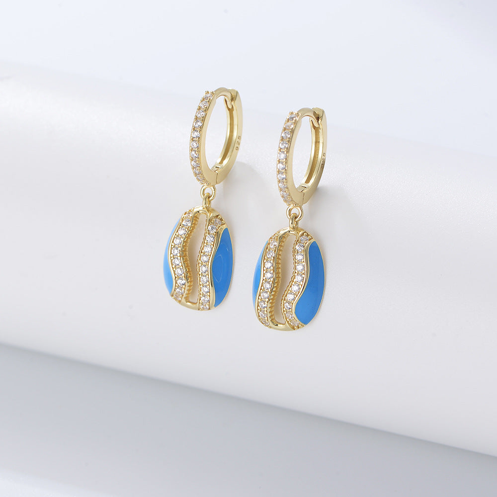 S925 Silver Dip Adhesive Hollow Oval Shell-Shaped Zircon Inlaid Earrings, Instagram Earrings