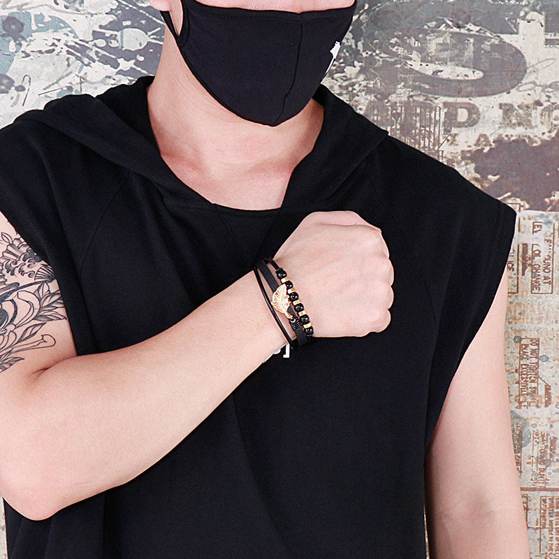 Planderful Multi Layer Feather Woven Leather Bracelet For Men