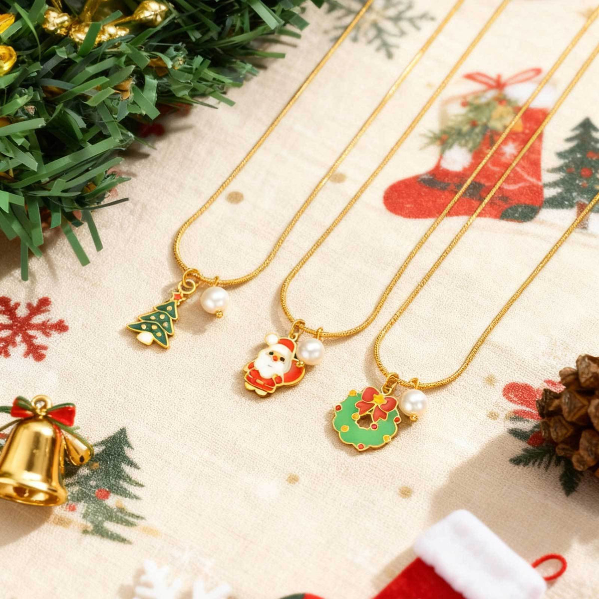 Stainless Steel Christmas Bells Santa Holiday Collection Girl Ornaments Pearl Necklace