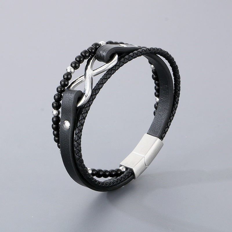 Planderful Beaded Leather Bracelet Stainless For Men Magnet