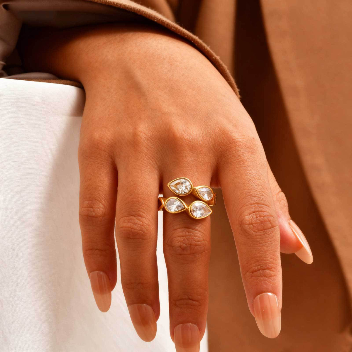 Stainless Steel Water Drop Zircon Embellishment Ring Elegant
