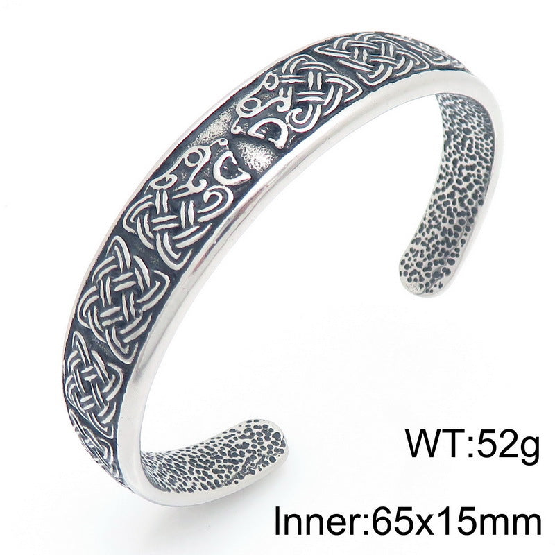 Rune – Nordic Viking Celtic Knot Double Wolf Head Titanium Steel Men's Opening Bracelet