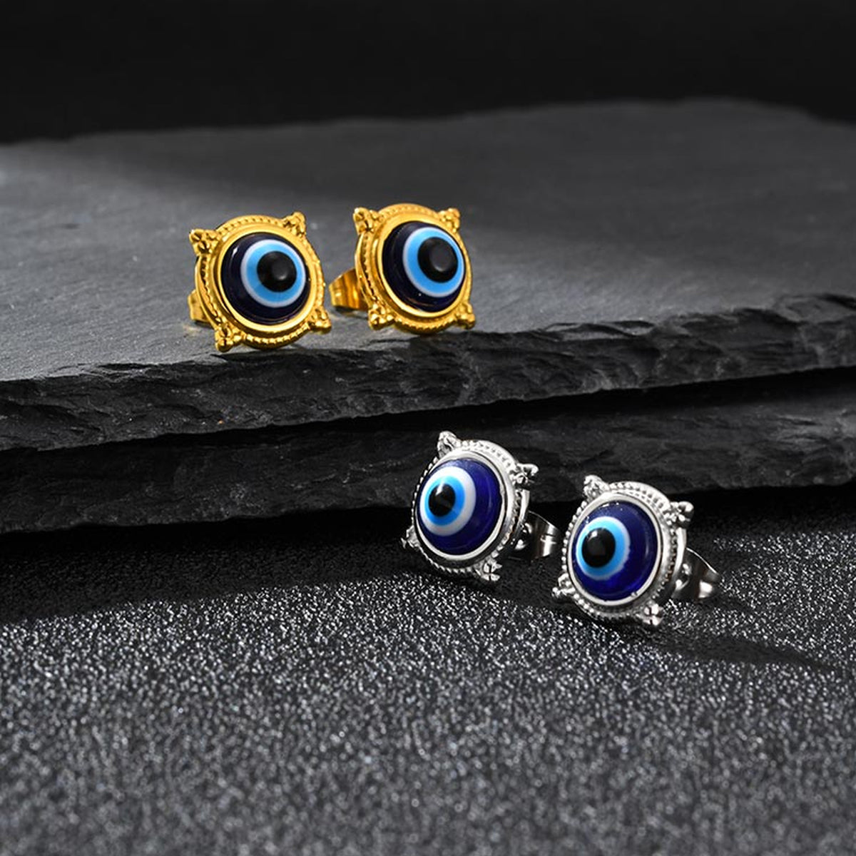 Ornate Blue Evil Eye Stud Earring — Single